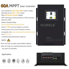 WZRELB New 60A MPPT Solar Charge Controller 12V/24V/48 Auto, 18V/36V Manual Max PV 170V,LCD Full Touch Screen Design,Battery Charger Controller