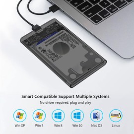 Festplattengehäuse 2,5 Zoll, USB 3.0 Externes Festplatten Gehäuse für 7mm/9.5mm 2.5 Zoll SATA SSD HDD mit UASP unterstützt, Externe SSD Gehäuse mit USB 3.0 Kabel Werkzeugfreie Montage-Klar