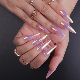 AkiliBIELY Stiletto Press on Nails Long pink Chrome Metallic Holographic Fake Nails Women Fantasy Glue on Nails Acrylic Stick on Nails Classy Aesthetic False Nails Wedding Birthday