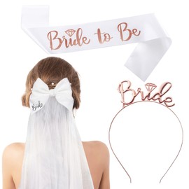 Nwvuop Bride to Be Sash and Veil Hen Party Accessories, White Bow Veil Bride to Be Headband for Bridal Shower Hen Party(Rose Gold)