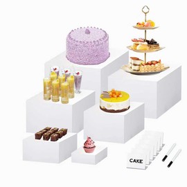 Hmdkepf 6Pcs Buffet Risers, Food Risers for Buffet Table Display Stand Shelf for Party Catering Dessert Collectibles Acrylic Cube Boxes Display with Hollow Bottoms (Size 8"-7"-6"-5"-4"-3")