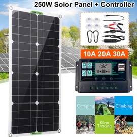 Solar Panel Kit, 250W 12/24V Monocrystalline Solar Panel Starter Kit with 10A Controller Dual USB Ports Battery Maintainer Solar Battery for RV Car Boat