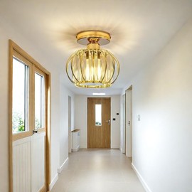 Chandelier Lighting Modern Semi Flush Mount Ceiling Light, Industrial Metal Cage Ceiling Lamp Fixture Antique Small Crystal Chandelier for Hallway Entrance Stairway Porch Kitchen Bathroom