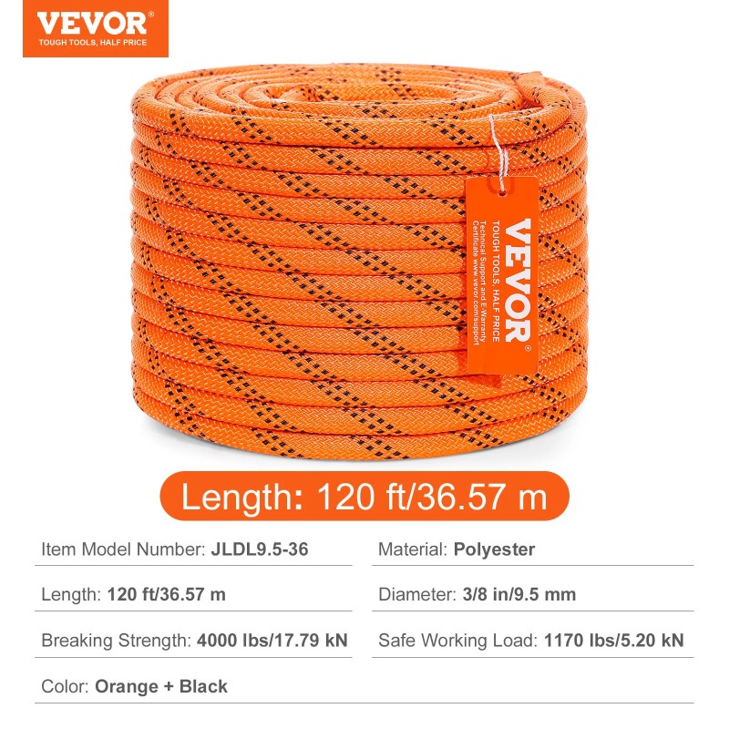 VEVOR Arborist Tree Climbing Rope Double Braid Polyester 3/8" x