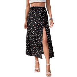 Floerns Women's Boho Floral High Waist Split A Line Midi Skirt Dark Black Floral M