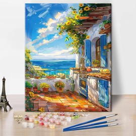 DIY Paint by Numbers, Blue Farmhouse Natural Landscape Paint by Numbers for Adults Courtyard has a View of the Sea Paint by Painting Kits for Adults Beginner Gift Home Wall Decor 16" x 20" Frameless