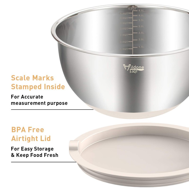 Wildone Mixing Bowls with Airtight Lids Set, 5PCS Stainless Steel