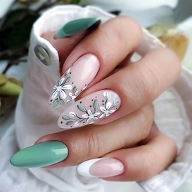 White French Tip Press on Nails Green Almond Fake Nails Medium False Nails White Flower Full Cover Acrylic Nails Glossy Stick on Nails for Women Girls St. Patrick's Day Nail Art Decorations 24PCS