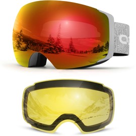 Odoland Unisex Ski Goggles for Women, Men, Teenagers, Frameless Snowboard Goggles with Magnetic Interchangeable Lens, UV Protection, Anti-Fog, Snow Goggles, Helmet-Compatible, Grey/Red