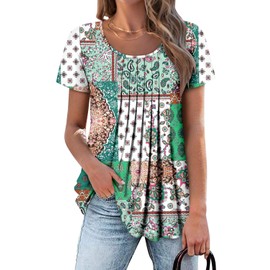 onlypuff Womens Short Sleeve Round Neck Tops Pleated Button Down Blouse Dressy Flowy Henley T-Shirts