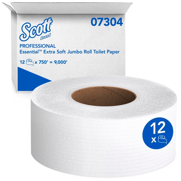 Scott Essential Jumbo Toilet Paper (07304), High Capacity JRT Commercial Toilet Paper, 2-Ply, White, 750' / Roll, 12 Rolls / Case