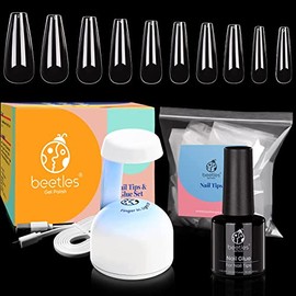 Beetles Nail Tips and Glue Gel Kit, 2 In 1 Nail Glue and Base Gel with 500Pcs Coffin Nails and LED Lamp DIY Nail Art Acrylic Nail Kit Easy Nail Extension Set Gifts for Women Mothers Day