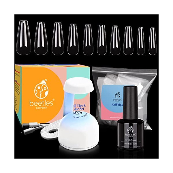 Beetles Nail Tips and Glue Gel Kit, 2 In 1 Nail Glue and Base Gel with 500Pcs Coffin Nails and LED Lamp DIY Nail Art Acrylic Nail Kit Easy Nail Extension Set Gifts for Women Mothers Day