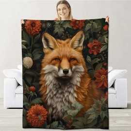 Fox Blanket for Boys Girls Kids, Flannel Fox Blankets Gifts, Floral Flower Fox Throw Blanket for Sofa Couch Bed Living Room Soft Warm Cozy Fox Decor 60" x 50"