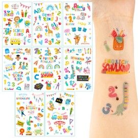BOOMTOP Children's Tattoo, First Day of School Tattoo, Girls, Boys, 8 Sheets, Temporary Tattoos, School Gift, School Child Party Tattoos, 170+ Face Body Stickers, School Cone Filling for First Day at
