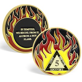 Sobriety Coin Month Sober Anniversary Golden Flames Recovery Token NA AA, AA Recovery Medallion Chip Great Sobriety Gifts for Men Women Alcoholics Anonymous Plastic Case (Flame Coin-5 Years)