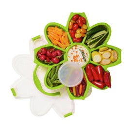 KOLORAE Daisy Serving Tray - Unique 9 Compartment Flower Snack Tray w/Dressing Cup. Great for Entertaining or Food Storage for Chips and Dip, Fruits and Veggies. Summer Party Serving Tray