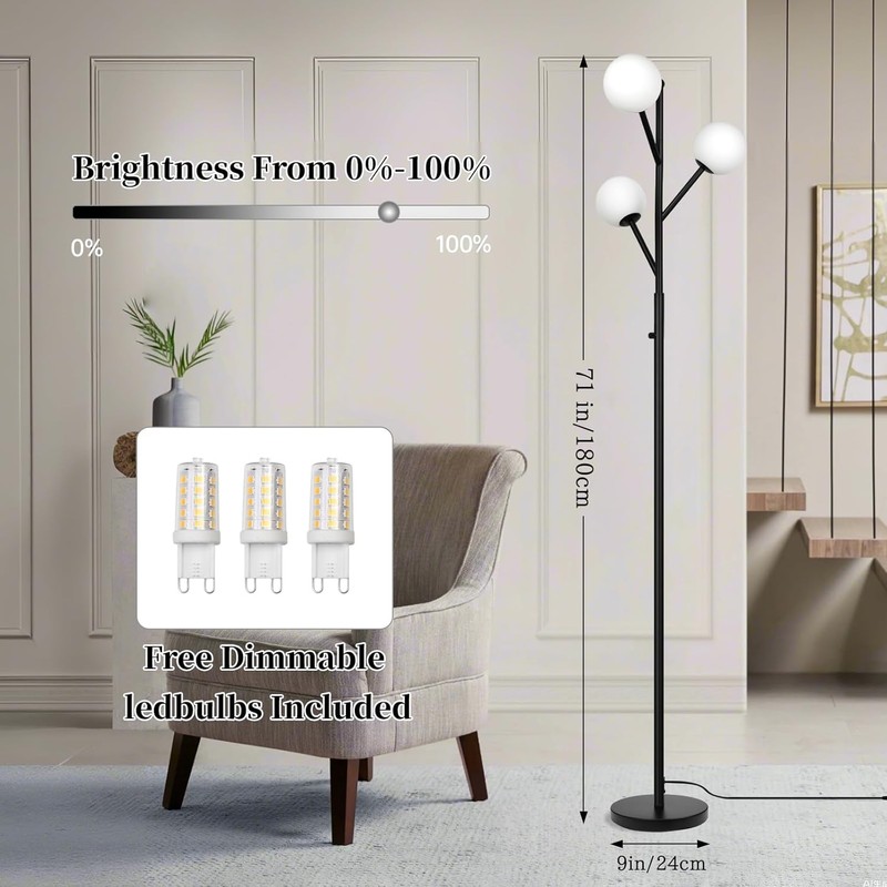 3-Globe Mid Century Black Tree Floor Lamp for Living Room,70in