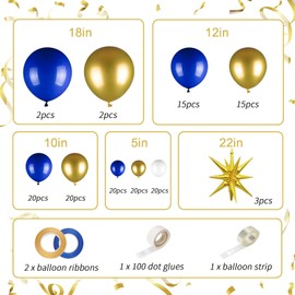 141pcs Royal Blue and Gold Balloons Garland Arch Kit, Blue Gold White Balloons with Star Foil Balloons for Class of 2025 Graduation, Anniversary, Men’s Birthday Party Decorations