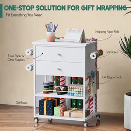 𝗬𝘂𝗺𝗸𝗳𝗼𝗶 Wrapping Paper Storage Cart, Rolling Gift Wrap Station with Ribbon and Gift Bag Storage, Wrapping Paper Organizer Holder, Craft Organizers and Storage