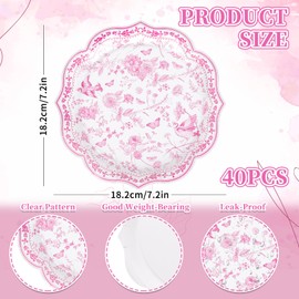 JarThenaAMCS 40 Pcs Pink Floral Paper Plates Chinoiserie Pink White Flower Bird Disposable Plates Scalloped Rim Party Tableware for Wedding Birthday Holiday Table Supplies