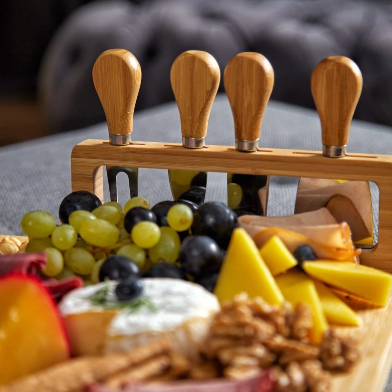 Royalhouse Bamboo Cheese Board And Knife Set 11X14 Charcuterie Tray