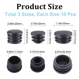 GORGECRAFT 30PCS 3 Sizes Round Plastic Hole Plugs 20mm 25mm 30mm Tubing Inserts Black End Caps Pipe Inner Plugs Fastener for Chair Leg Inserts Anti-Slip Ribbed Tube Furniture Fences Glide Protection