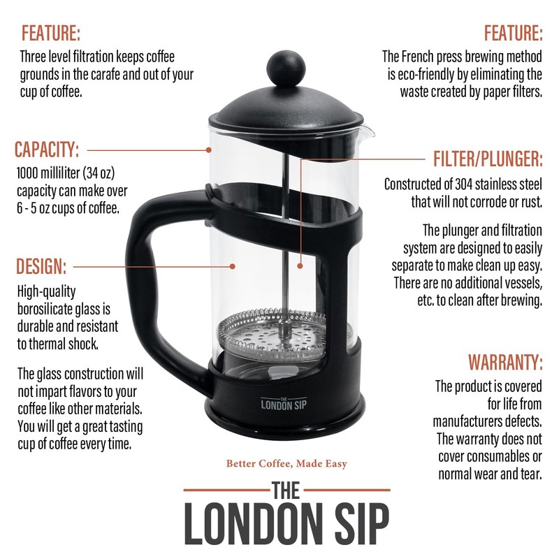 The London Sip French Press Immersion Brewer Coffee Maker with