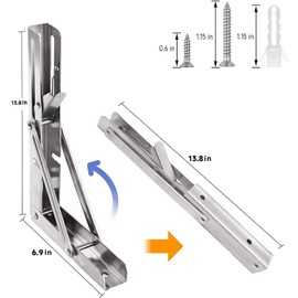 Folding Shelf Brackets 14 inch 2 Pcs Max Load: 330 lb - Heavy Duty Stainless Steel DIY Wall Mounted Collapsible Shelf Bracket, Space Saving for Garage Workstation, Stuff Supports, Table, Workbench