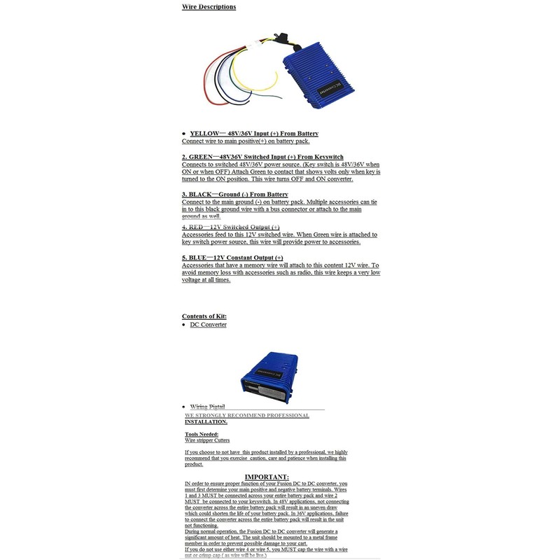 Golf Cart Voltage Reducer DC Converter 36V or 48V to