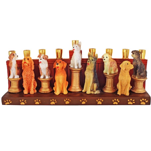 Aviv Judaica Dogs and Puppies Earthenware Hanukkah Menorah for Kids, Adults by Jessica Sporn - Sculptured Dog Candle Menorah fits Standard Chanukah Candles Functional Collectible Menorahs
