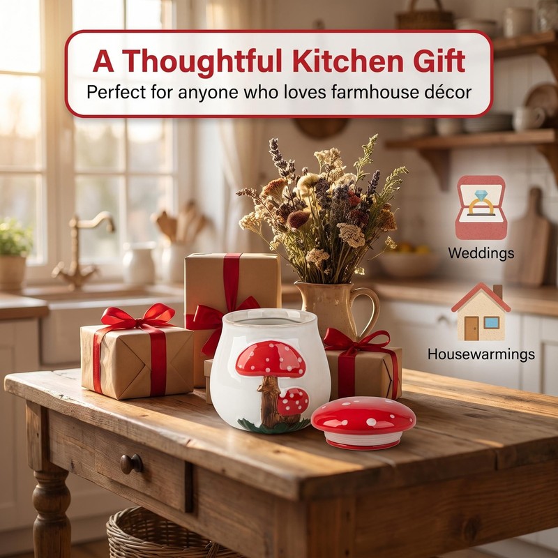 Ceramic Airtight Cookie Jar with Lid Mushroom Candy Canister Relief