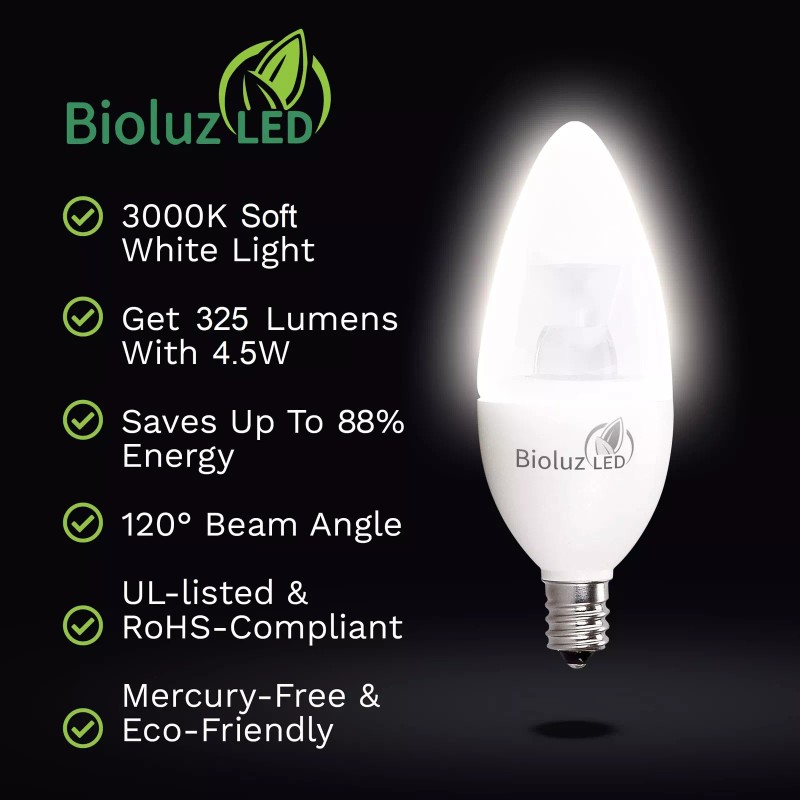Bioluz LED 12 Pack 40 Watt Candelabra Bulbs 4.5W Dimmable