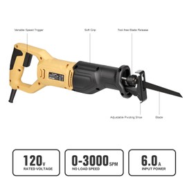Inequalit 6Amp Reciprocating Saw, 3000SPM Variable Speed Corded Reciprocating Saw with 4/5" Stroke Length, 4-1/2" Max Cutting Depth for Wood, Soft Metal and PVC Pipes Cutting