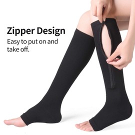 Zipper Compression Socks-2Pairs Calf Knee High Open Toe Compression Stocking (A- BLACK, Large-X-Large)