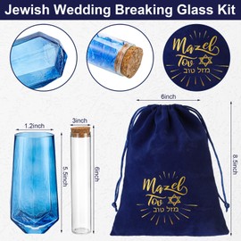 Singhoow 3 Pcs Jewish Wedding Chuppah Breaking Glass Jewish Gifts for Couples Engagement Marriage Anniversary Ceremony Blue Glass Souvenir Vessel Groom with Drawstring Bag