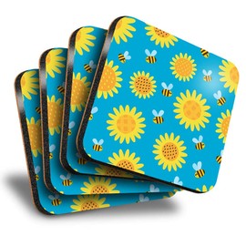 Destination Vinyl ltd Great Coasters (Set of 4) Square - Sunflowers Bumblebee Light Blue Drink Glossy Coasters/Tabletop Protection for Any Table Type #13173