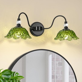 sunkryster Black Bathroom Vanity Light, 2-Light Vanity Light with Floral Green Glass Shades,Vintage Farmhouse Wall Mount Lighting for Bathroom, Dressing Table