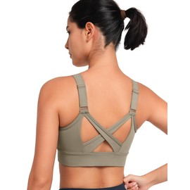 Yvette Adjustable Zip Front Sports Bras for Women High Support Impact Criss Cross Running Bra for Large Breasts,Grey,L+