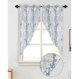 Navy Blue Grey Branch Swag Valances for Windows 2 Pack, Kitchen Window Curtains 36 Inch Length, Spring Summer Pastoral Botanical Privacy Swag Curtains for Living Room/Bathroom with Rod Pocket 36"x36"