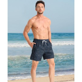 zeetoo Mens Swim Trunks 5.5 Inch with Compression Liner 2 in 1,Quick-Dry Stretch Bathing Suit Shorts with Breathable Mesh Pockets for Beach & Swimming Leaf-Navy-Blue L
