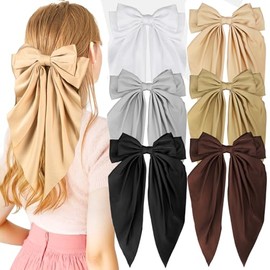 Obeoby 6 Pcs Satin Big Hair Bows, Hair Accessories for Women and Girls Cute Large Bow Clips for Wedding Holiday Birthday Valentines Day Gifts for Her (White, black, brown, gold)