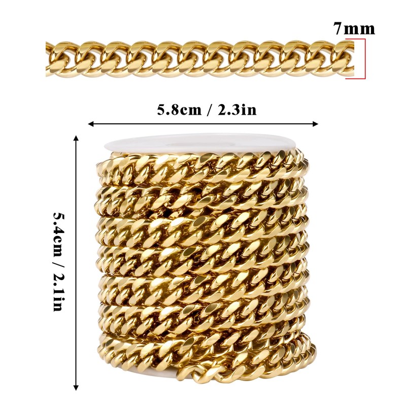 16.5FT Gold Cuban Chains 7mm Stainless Steel Curb Chain for