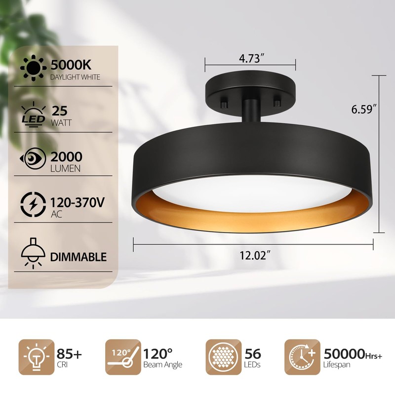 SunRider Semi Flush Mount Ceiling Lights, 12 Inch 25W LED