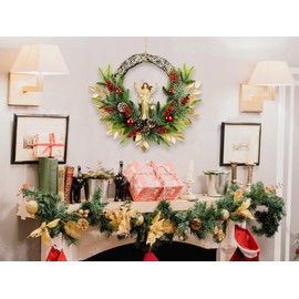 YULETIME 24" Angel Christmas Wreath, Artificial Holiday Wreath with Resin Angel Statue, Natural Rattan Ring & Pine Cones, Golden Leaves, Red Baubles, Spruce Branches, Snowy Pine Needles (Angel)