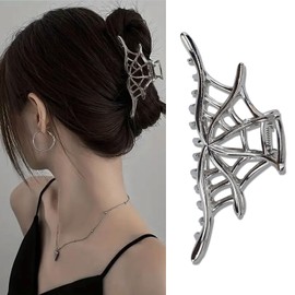 Spider Web Alloy Hair Claw Clips, 1Pcs Silver Punk & Y2K-Style Hair Accessory for Thin Hair