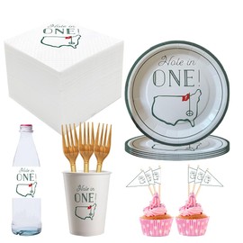 Geloar Hole in One Golf Party Decorations, 480-Piece Set with Cocktail Napkins, Plates, Cups, Bottle Labels, Toothpick Flags, Straws, Gift Tags, and Forks for Golf Birthday and 1st Hole in One Parties