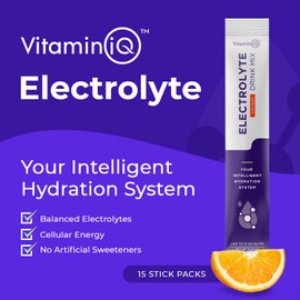 VitaminIQ Electrolytes Powder - 15 Sticks Electrolyte Powder Packets for Energy & Endurance - IV Hydration Multiplier Electrolyte Mix for Mental Clarity & Fluid Balance - IV Hydration Packets, Orange