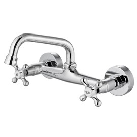 Airuida Wall Mount Kitchen Sink Faucet for 6 Inch(15cm) Spout Reach 8 Inch Center Adjustable Center Double Cross Handles Hot and Cold Water Mixer Tap 360 Rotatable Faucet Chrome Polish