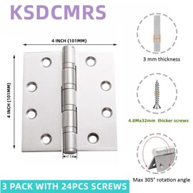 4" Stainless Steel Door Hinges, Heavy Duty 4 x 4 Inch Ball Bearing Non Removable Hinge Pin for Interior and Exterior Ourtswing Door or Gate Security-3 Pack,Silver